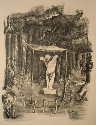 1018
<br/>
Een sculptuur in cape, onder afdak en in het midden van prikkeldraad in het bos
<br/>
<em>Horst, Corrie ter</em>