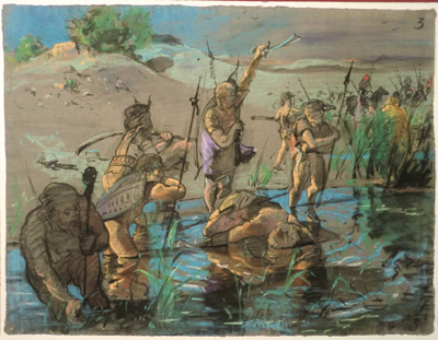 9471
<br/>
Een groep Batavieren, op weg naar den krijg, zich lavende aan een waterplas in een duinstreek.
<br/>
<em>onbekend</em>